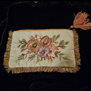 Embroidered Floral Clutch with Gold Fringe